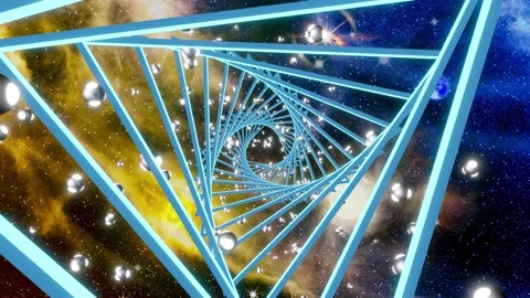 Rotating triangle in the center and a glowing particle ball on nebula backgro Stock Footage 212379726