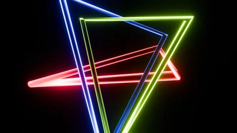 Rotating triangles of multicolored neon tubes on a black background Stock Footage 289132600