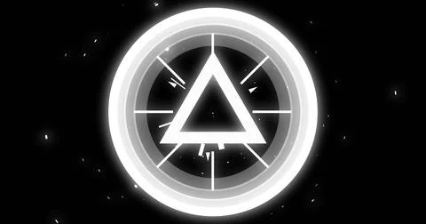 Rotating triangular shape and glowing particles image on black background 库存照片