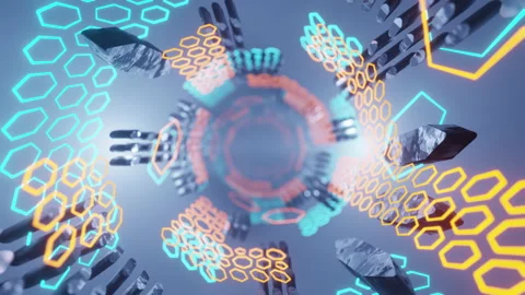 Rotating tunnel of neon hexagons Stock Footage 201125640