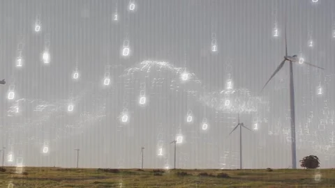 Rotating turbine at right on grassy plain, with turbines, shrub, binary wave, Stock Footage 332505065