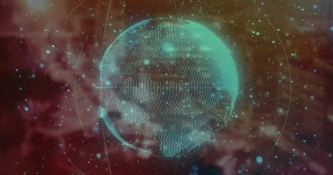Rotating turquoise globe showing concentric network arcs in digital interface, Illustrazione stock