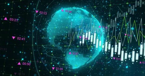 Rotating turquoise point-cloud globe showing candlestick bars in virtual HUD, Illustrazione stock