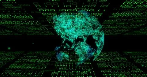 Rotating turquoise wireframe globe emitting cyan glow in cyberspace, with green 스톡 사진