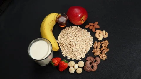 Rotating Ultimate Healthy Breakfast Mix with Oats, Fruits and Nuts. Stock-Footage 333096645