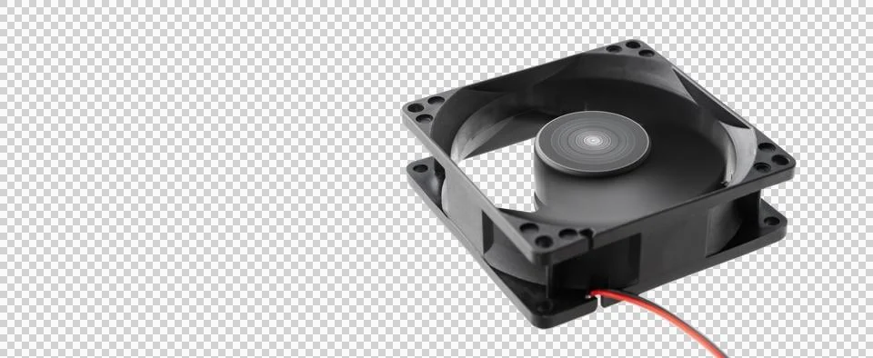 Rotating vector computer fan, 12 volt, on isolated background. Foto stock