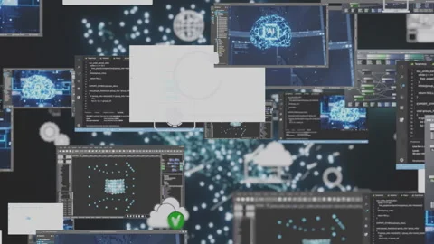 Rotating video wall displaying AI assistant LLM technology visualization Video stock 322710527