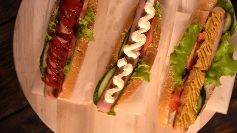 Rotating view of assorted hot dogs Stock Footage 95298790