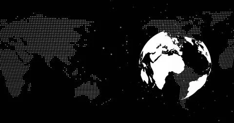 Rotating white 3D globe showing continents on data interface, with dotted map Stock Illustration