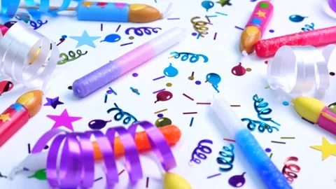 Rotating white background with candies, balloons and tubes for birthday or party Stock Footage 245618366
