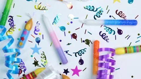 Rotating white background with candies, balloons and tubes for birthday or party Stock Footage 246617106