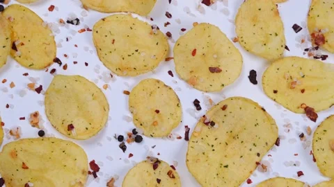 Rotating white background with potato chips and spices close-up. fashion food Stock Footage 197624191