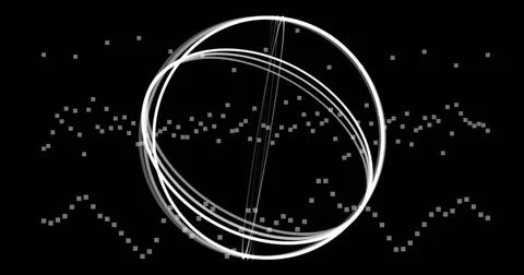 Rotating white light-trail sphere spiraling on black canvas, showing pixel Stock Illustration