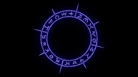 Rotating white outline occult circle with mystical symbols with pulsing blue Stock Footage 115966014