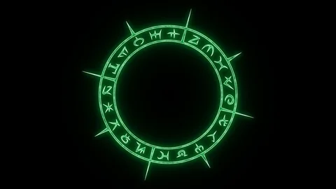 Rotating white outline occult circle with mystical symbols with pulsing green Stock Footage 115966046