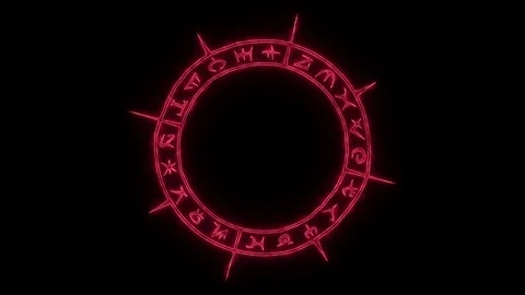 Rotating white outline occult circle with mystical symbols with burning red glow Stock Footage 115966063