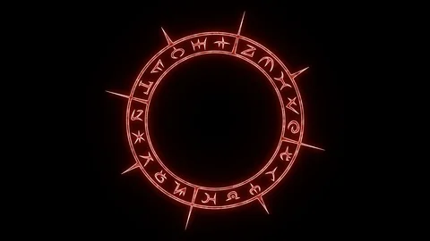Rotating white outline occult circle with mystical symbols with pulsing red glow Stock Footage 115966081