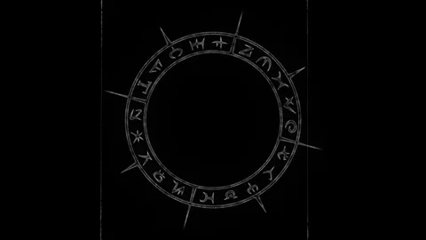 Rotating white outline occult circle with mystical symbols in seamless loop Stock Footage 115966321
