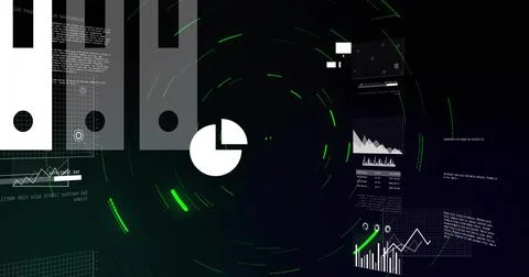 Rotating white pie chart emitting green streaks on digital HUD, with floating Stock Illustration