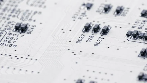 Rotating White Printed Circuit Board, Microprocessors, Capacitors and Audio Video stock 80181588