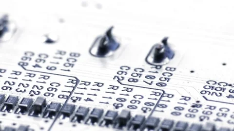 Rotating White Printed Circuit Board, Microprocessors, Capacitors and Audio Video stock 80273831