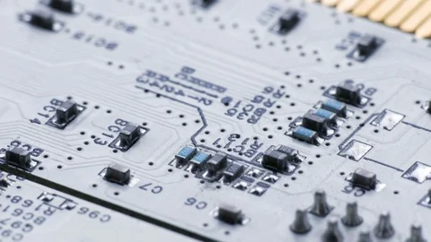 Rotating White Printed Circuit Board, Microprocessors, Capacitors and Audio Video stock 80472400