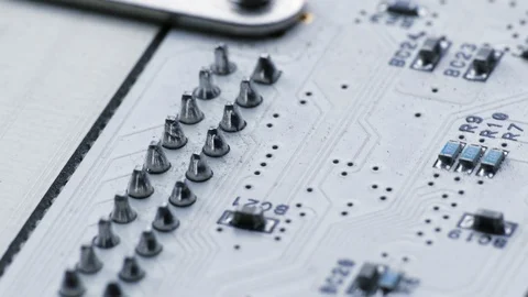 Rotating White Printed Circuit Board, Microprocessors, Capacitors and Audio Video stock 96318534