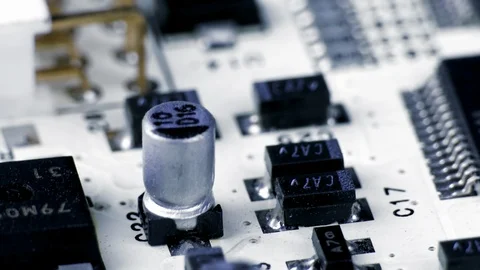 Rotating White Printed Circuit Board, Microprocessors, Capacitors and Audio Video stock 97313813