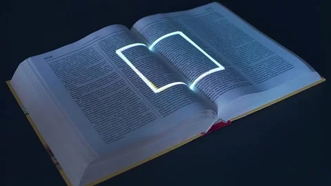 Rotating white square is projected onto the pages of the thick open book Stock Footage 313175379