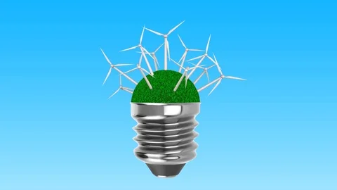 Rotating wind turbines in grass bulb. 3D rendering. animation. Stock Footage 108226623