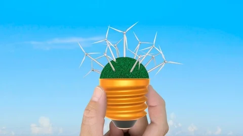 Rotating wind turbines grass bulb, hand holding. 3D rendering. animation. 库存影片 108228609