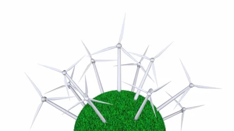 Rotating wind turbines in grass semi-spherical ball. 3D rendering. animation. Stock Footage 109286388
