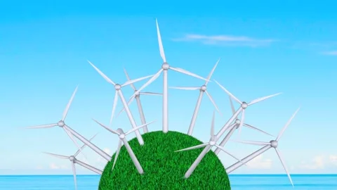 Rotating wind turbines in grass semi-spherical ball. 3D rendering. animation. Stock Footage 109290541