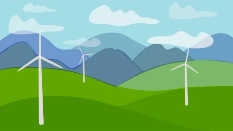 Rotating wind turbines or mills on green hills Stock Footage 231400311
