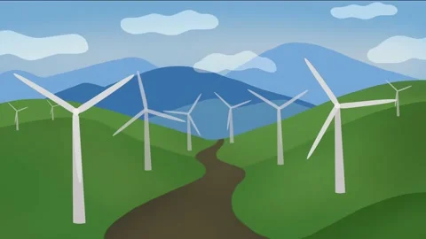 Rotating wind turbines or mills on green hills,with clouds.Animation.Concept of Stock Footage 231601085
