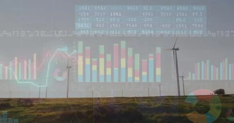 Rotating wind turbines showing chart overlays over rural wind farm, with gras Stock Photos