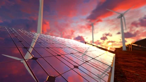 Rotating wind turbines on a solar panel farm Stock Footage 262638135