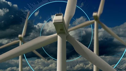 Rotating wind wheels with cloudscape sky and animated helix in the background Stock Footage 86857220