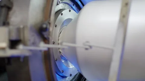 Rotating Winding Chuck Holding White Film Roll, Coiling Machine Detail, Close Up Видео 341300223