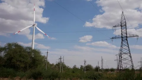 Rotating Windmills and Power Line. Turning wind turbines, moving clouds and and Stock Footage 284299946