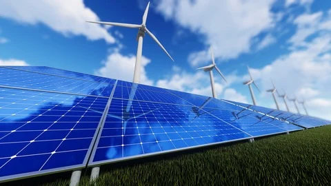 Rotating Windmills And Solar Panels Against Blue Sky Stock Footage 107542737