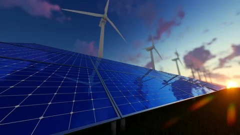 Rotating Windmills And Solar Panels At Sunset Stock Footage 107546137