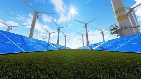 Rotating Windmills And Solar Panels Stock Footage 107561308
