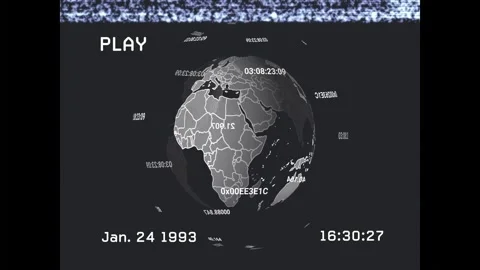 Rotating wire globe east in HUD for data, PLAY showing timecode updating, static 스톡 동영상 332288843