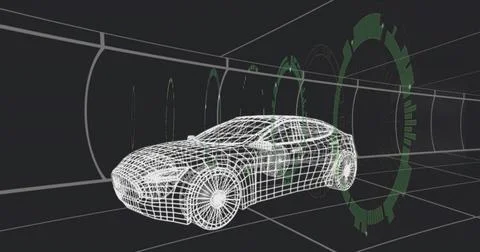 Rotating wireframe 3D car model sliding through curved virtual tunnel, with Stock Illustration