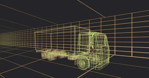 Rotating wireframe box truck model moving in virtual 3D grid space, showing v Stock Illustration