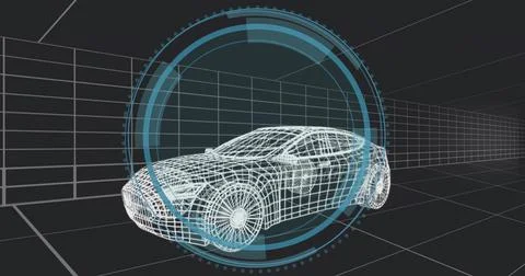 Rotating wireframe car model displaying chassis and wheels in coordinate grid Stock Illustration