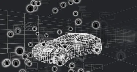 Rotating wireframe car model floating in virtual 3D grid, with user icons, chat Stock Illustration