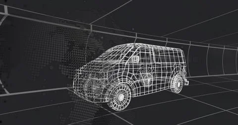 Rotating wireframe compact van model on tiled floor grid in curved tunnel Illustrazione stock