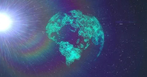 Rotating wireframe Earth showing teal networked lines in deep space, with bright Stock Illustration